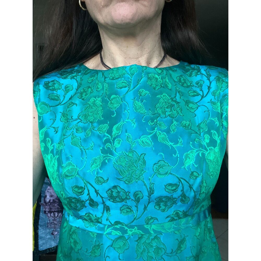Vintage Late 1960s Emerald & Turquoise Floral Brocade Empire Waist Formal Gown S - Picture 3 of 12